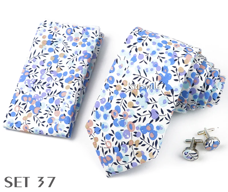 High Quality 7cm Floral Cotton Ties Hanky Cufflink Set Green Blue Skinny Necktie For Men Wedding Party Groom Cravat Accessories