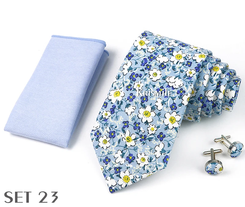 High Quality 7cm Floral Cotton Ties Hanky Cufflink Set Green Blue Skinny Necktie For Men Wedding Party Groom Cravat Accessories