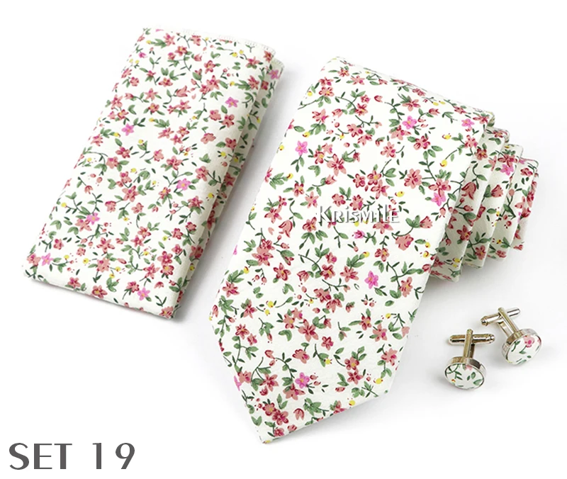 High Quality 7cm Floral Cotton Ties Hanky Cufflink Set Green Blue Skinny Necktie For Men Wedding Party Groom Cravat Accessories