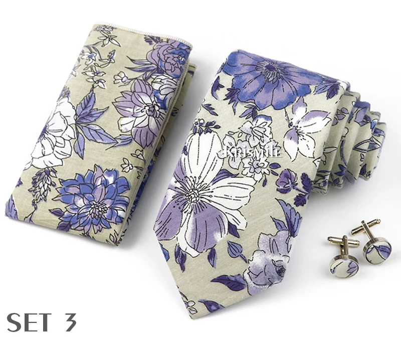 High Quality 7cm Floral Cotton Ties Hanky Cufflink Set Green Blue Skinny Necktie For Men Wedding Party Groom Cravat Accessories