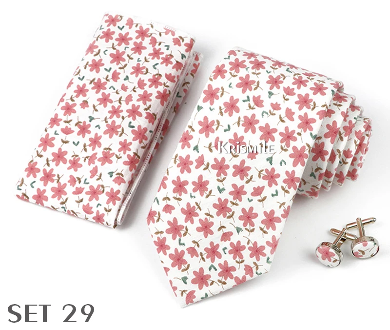 High Quality 7cm Floral Cotton Ties Hanky Cufflink Set Green Blue Skinny Necktie For Men Wedding Party Groom Cravat Accessories