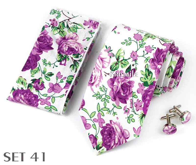 High Quality 7cm Floral Cotton Ties Hanky Cufflink Set Green Blue Skinny Necktie For Men Wedding Party Groom Cravat Accessories