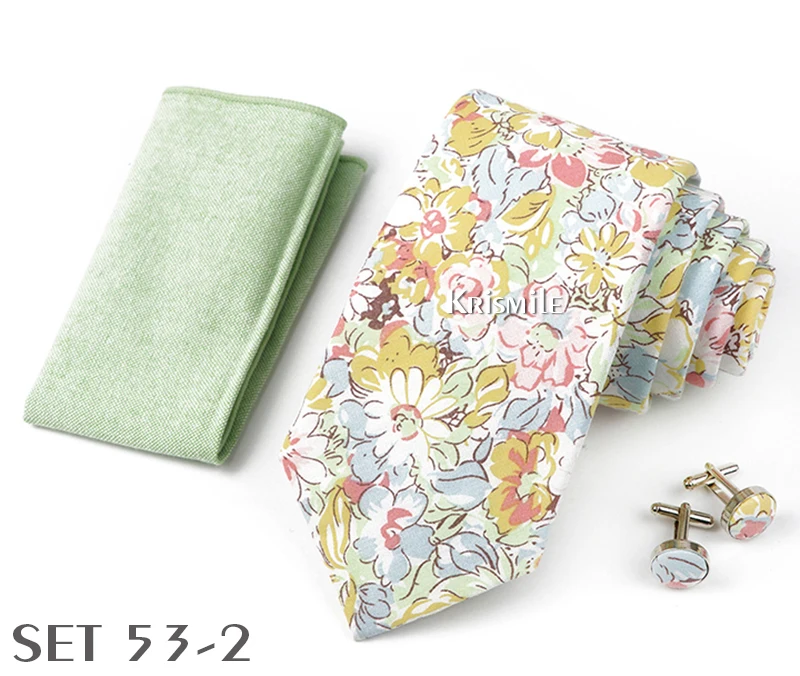 High Quality 7cm Floral Cotton Ties Hanky Cufflink Set Green Blue Skinny Necktie For Men Wedding Party Groom Cravat Accessories