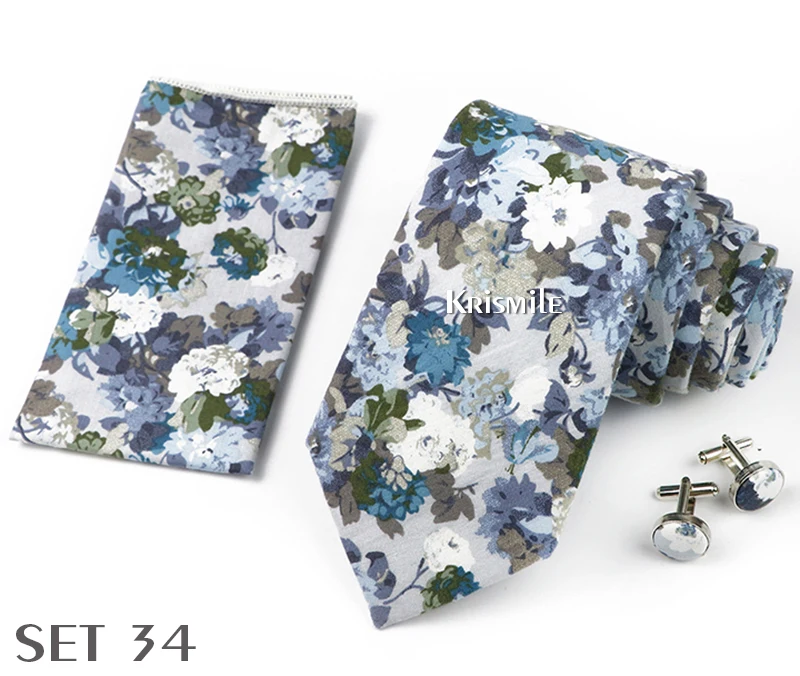 High Quality 7cm Floral Cotton Ties Hanky Cufflink Set Green Blue Skinny Necktie For Men Wedding Party Groom Cravat Accessories
