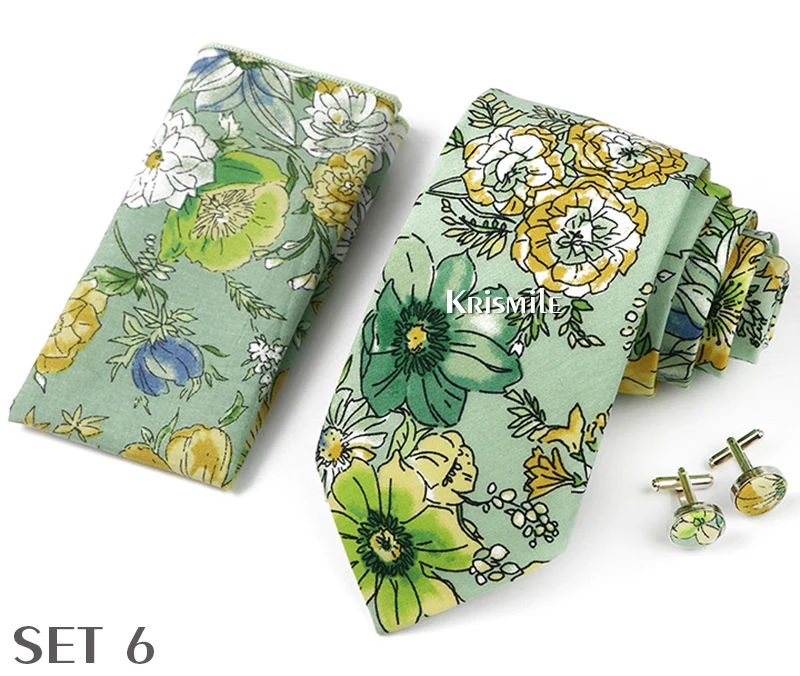 High Quality 7cm Floral Cotton Ties Hanky Cufflink Set Green Blue Skinny Necktie For Men Wedding Party Groom Cravat Accessories