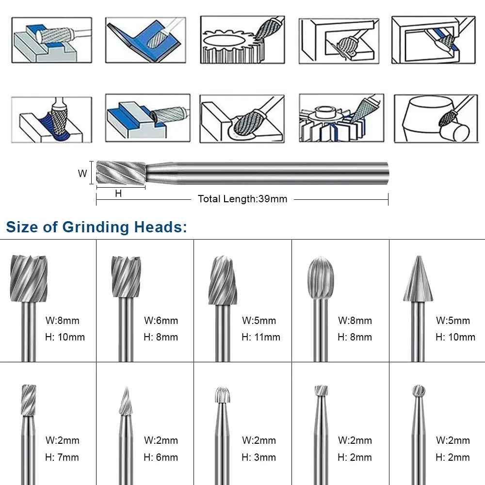 10pcs HSS Rotary File For Steel Milling Cutters For Metal Rat-tail File Hard Metal Rotary File Set Compatible Woodworking Tool