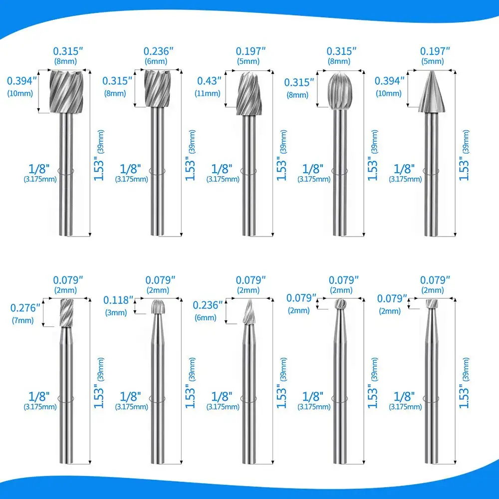 10pcs HSS Rotary File For Steel Milling Cutters For Metal Rat-tail File Hard Metal Rotary File Set Compatible Woodworking Tool