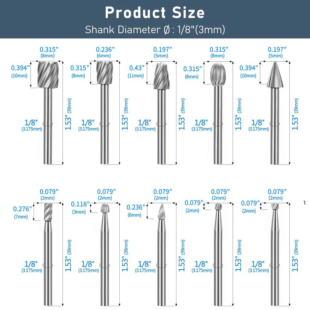 10pcs HSS Rotary File For Steel Milling Cutters For Metal Rat-tail File Hard Metal Rotary File Set Compatible Woodworking Tool