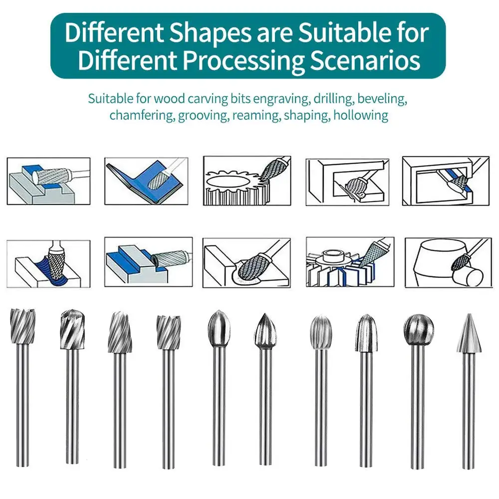 10pcs HSS Rotary File For Steel Milling Cutters For Metal Rat-tail File Hard Metal Rotary File Set Compatible Woodworking Tool