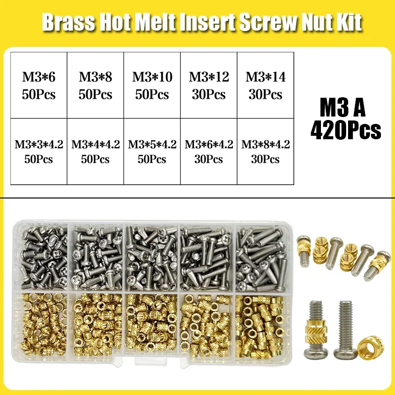 420/500Pcs Heat Set Insert Nuts Stainless Steel Brass Thermal Threaded Inserts for 3D Printing Plastic CNC Projects