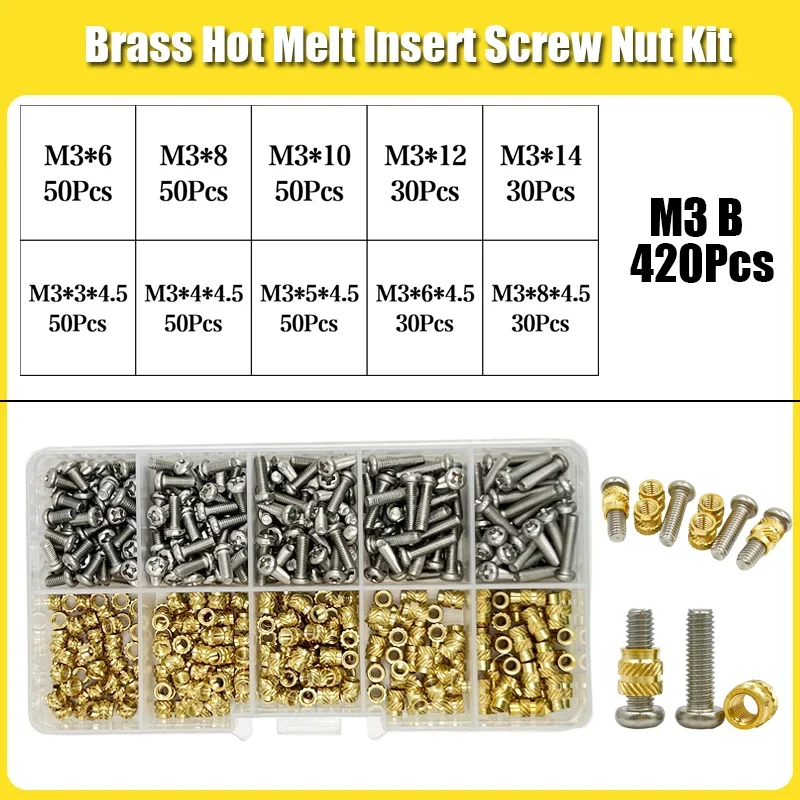 420/500Pcs Heat Set Insert Nuts Stainless Steel Brass Thermal Threaded Inserts for 3D Printing Plastic CNC Projects
