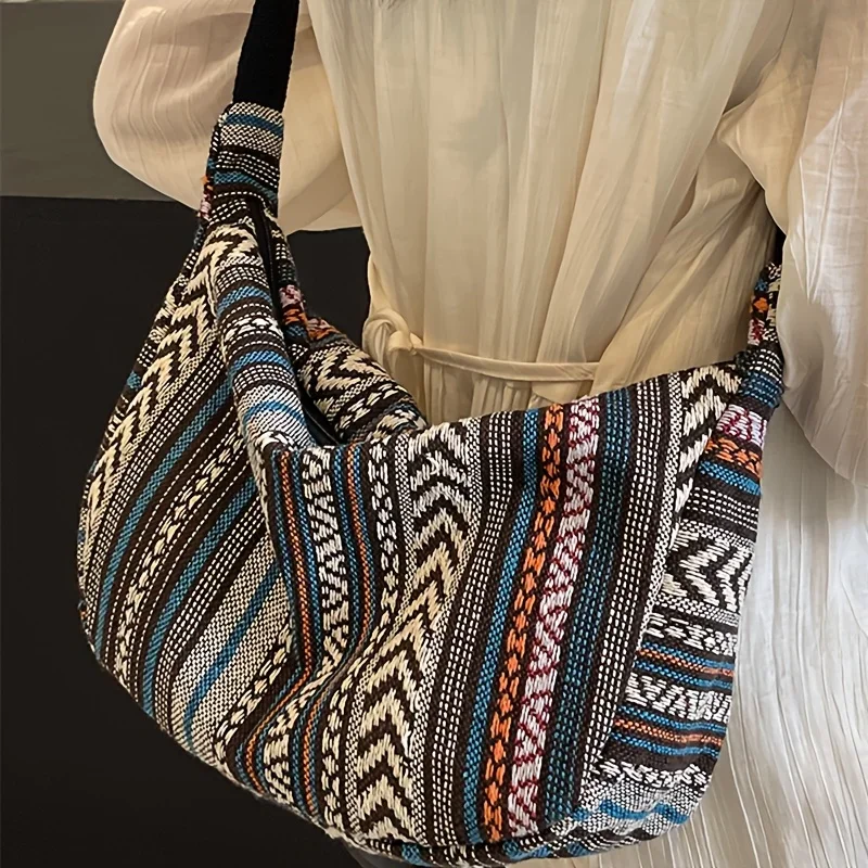 Crossbody Bags Tribal Style Shoulder Bag, Foldable Crossbody Striped Pattern, Flag Theme Hand Washable Edge Painted Lining