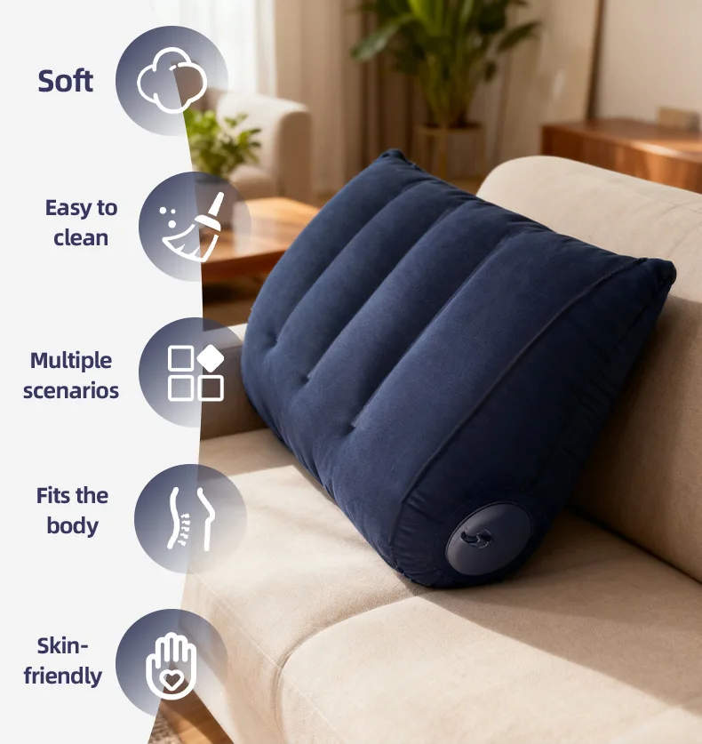 Triangular Travel Pillow Inflatable Office Neck Lumbar Support Pillow Thickened Flocking Leg Rest Pillow for Air Travel