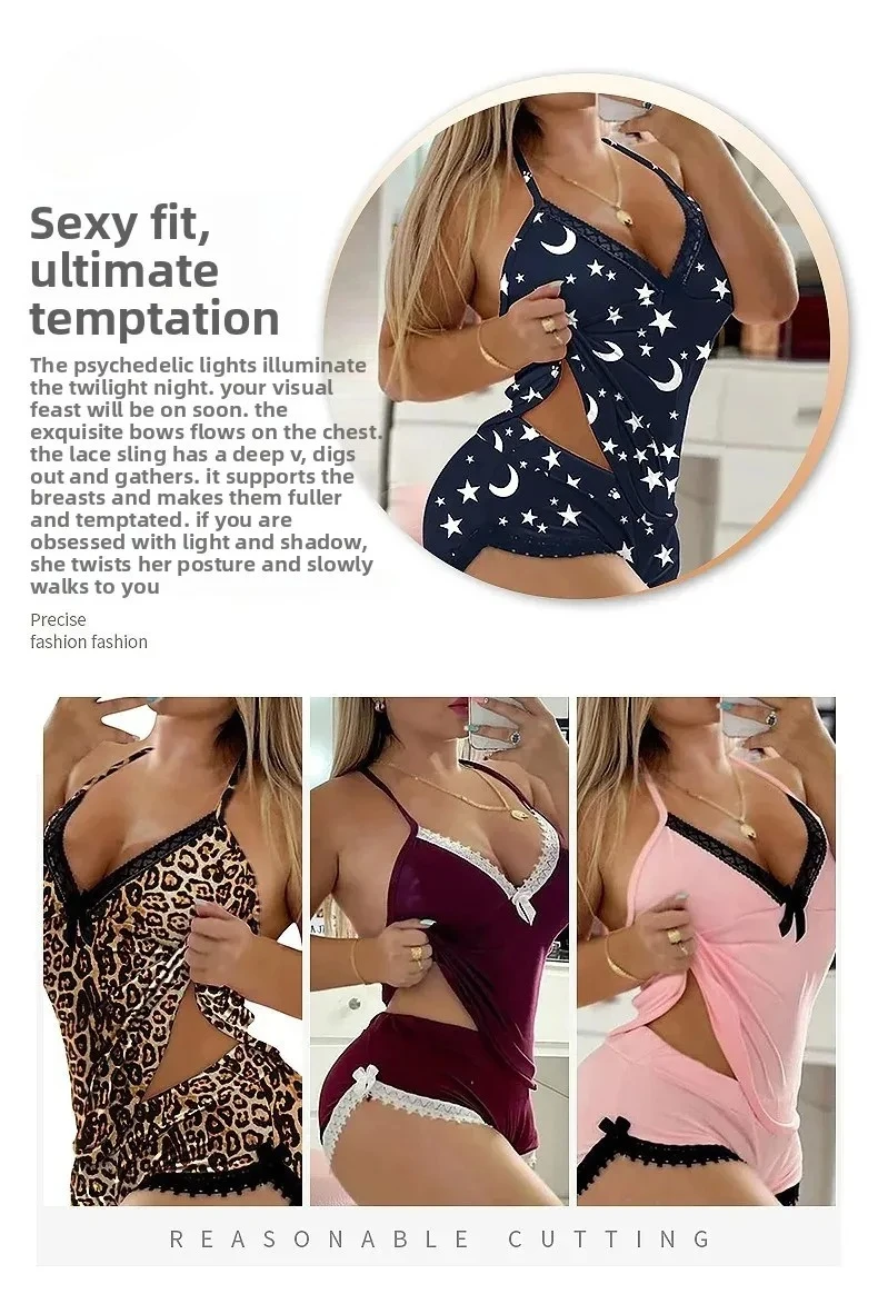 Sexy Lace Trim Nightgown Set Large Size Home Wear Strap Sleepwear Two Piece Set Hot Sale