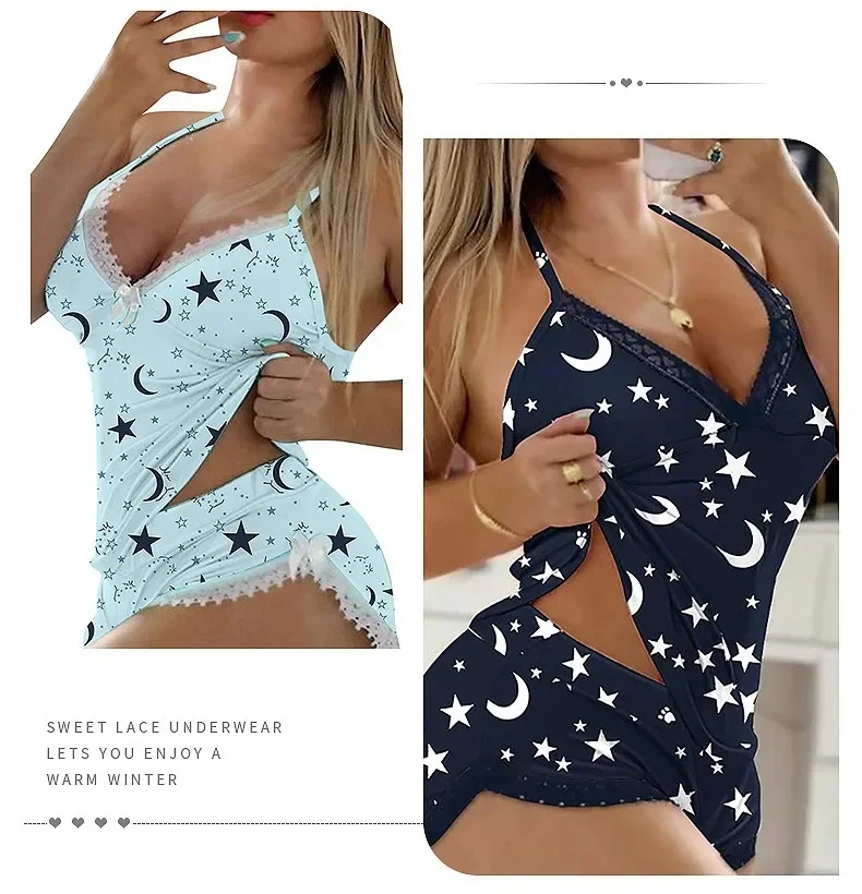 Sexy Lace Trim Nightgown Set Large Size Home Wear Strap Sleepwear Two Piece Set Hot Sale