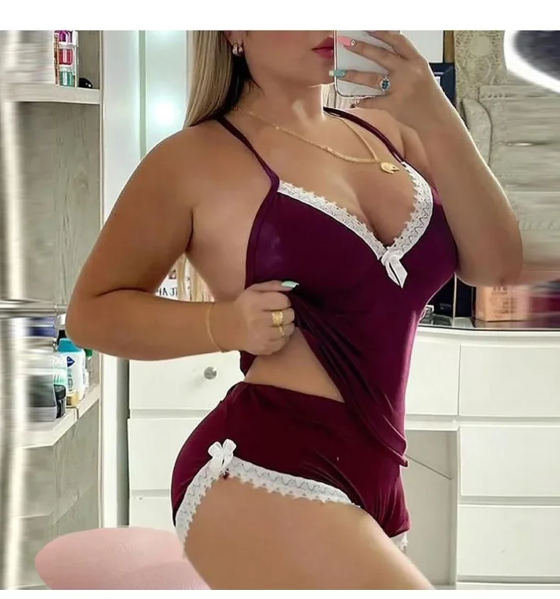 Sexy Lace Trim Nightgown Set Large Size Home Wear Strap Sleepwear Two Piece Set Hot Sale