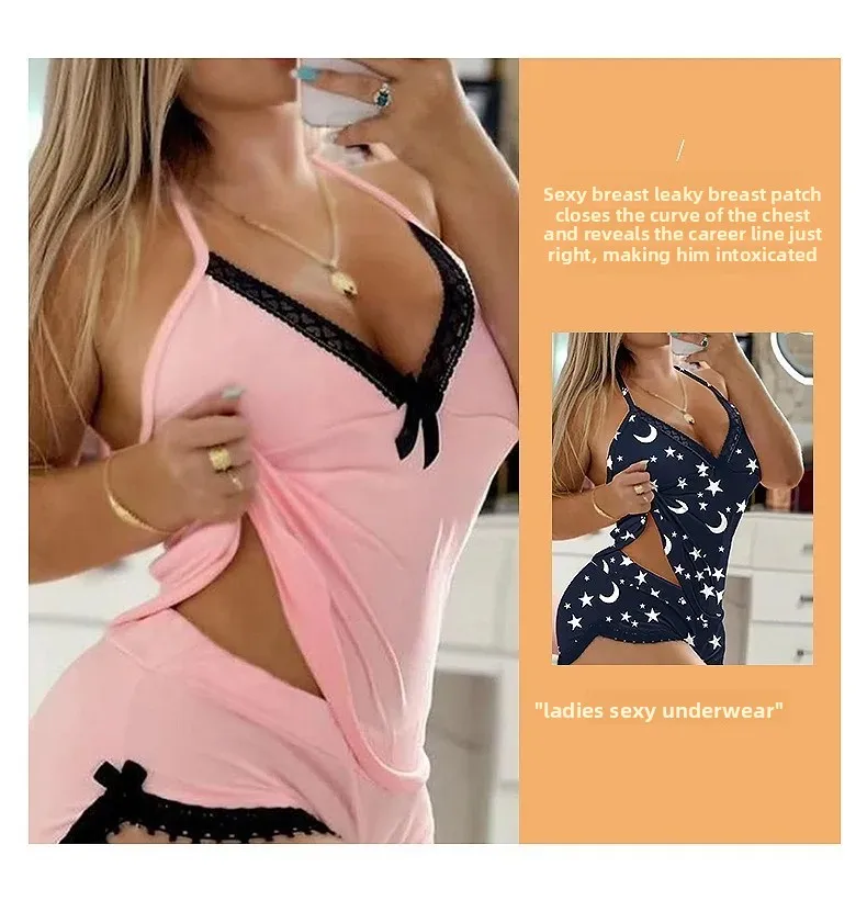 Sexy Lace Trim Nightgown Set Large Size Home Wear Strap Sleepwear Two Piece Set Hot Sale