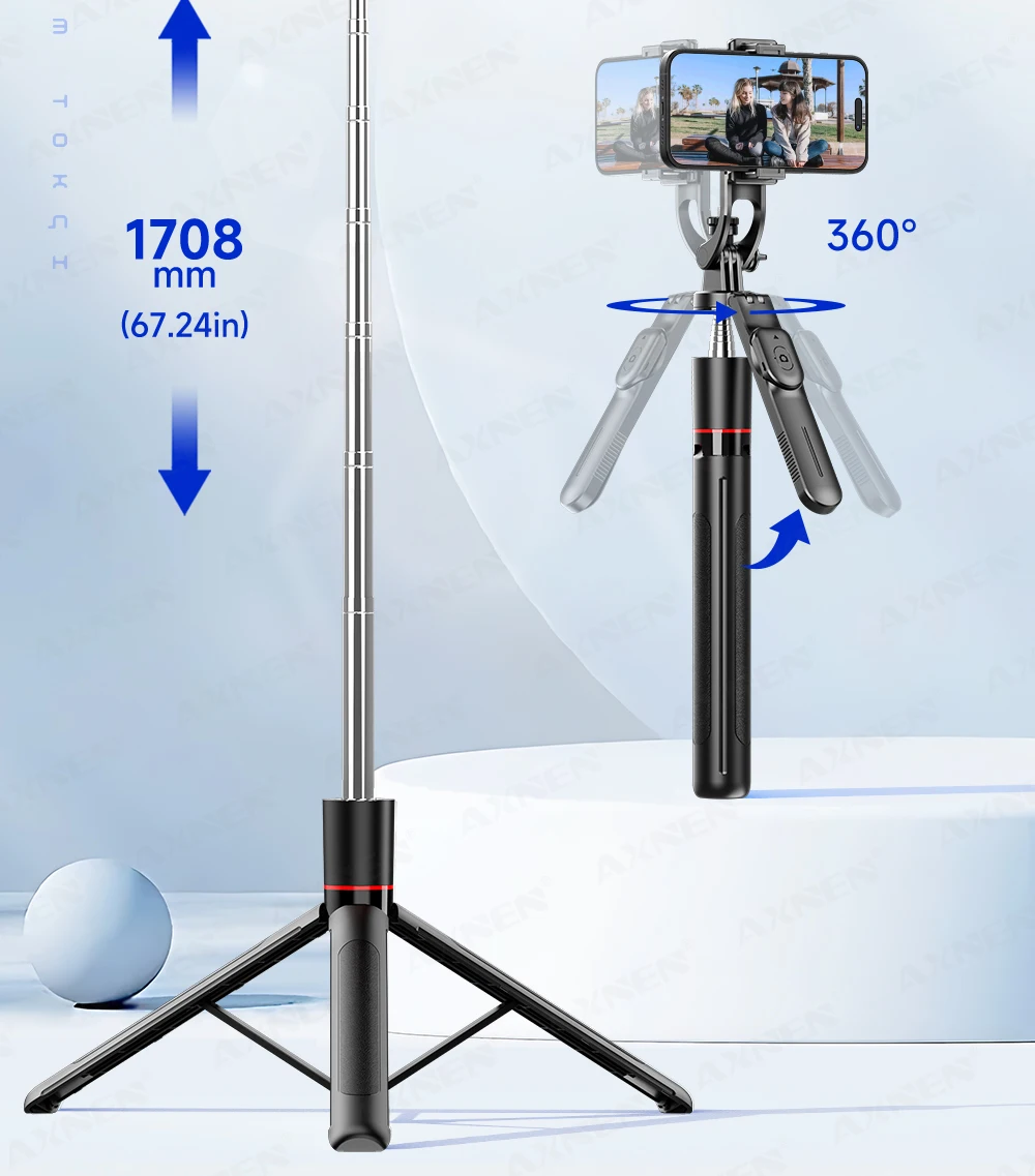 F16 Selfie Stick Tripod with 1708mm Long 8-Section Pole, Bluetooth Remote, 360° Rotation, 1/4 Interface, for Phone Camera Vlog