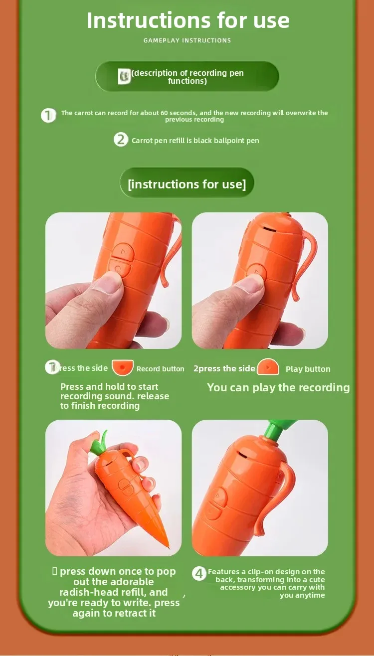 Judy & Nick Carrot Voice Recorder Electronic Sound Toy Can Write Graffiti Ballpoint Pen Novelty Voice Recorder Pen Gift