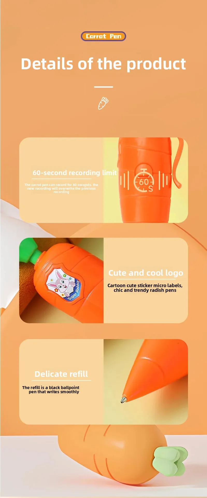 Judy & Nick Carrot Voice Recorder Electronic Sound Toy Can Write Graffiti Ballpoint Pen Novelty Voice Recorder Pen Gift