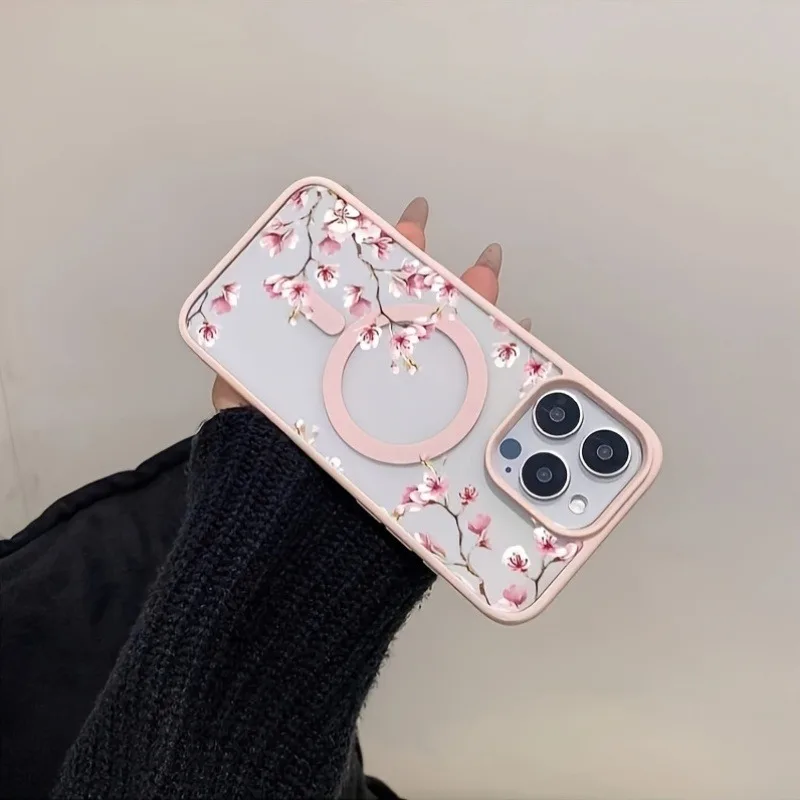 Pink Cherry Elegant Floral Background Design Magnetic Phone Case For iPhone 18 17 16 15 14 13 12 Pro Max 11 16Plus 16E Air Cover