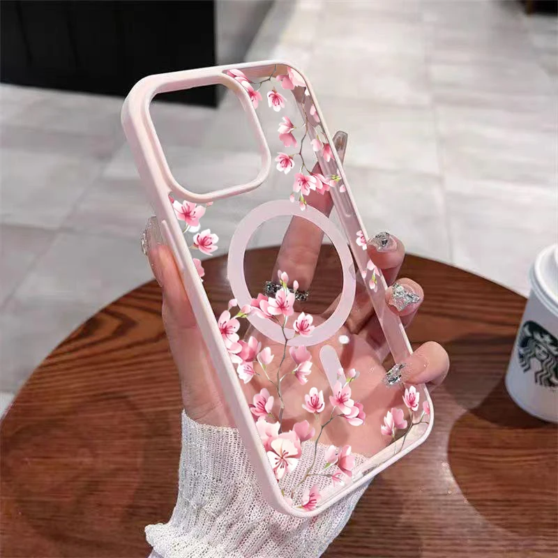 Pink Cherry Elegant Floral Background Design Magnetic Phone Case For iPhone 18 17 16 15 14 13 12 Pro Max 11 16Plus 16E Air Cover