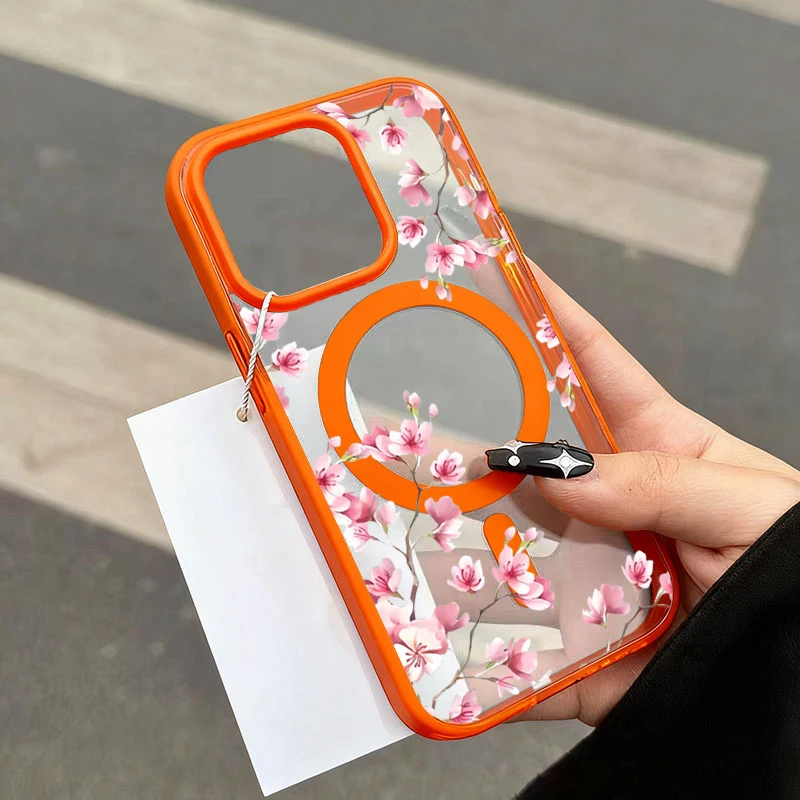 Pink Cherry Elegant Floral Background Design Magnetic Phone Case For iPhone 18 17 16 15 14 13 12 Pro Max 11 16Plus 16E Air Cover