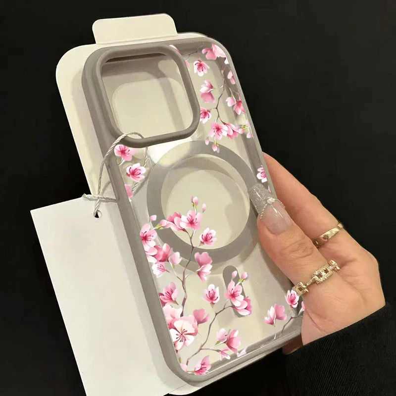 Pink Cherry Elegant Floral Background Design Magnetic Phone Case For iPhone 18 17 16 15 14 13 12 Pro Max 11 16Plus 16E Air Cover