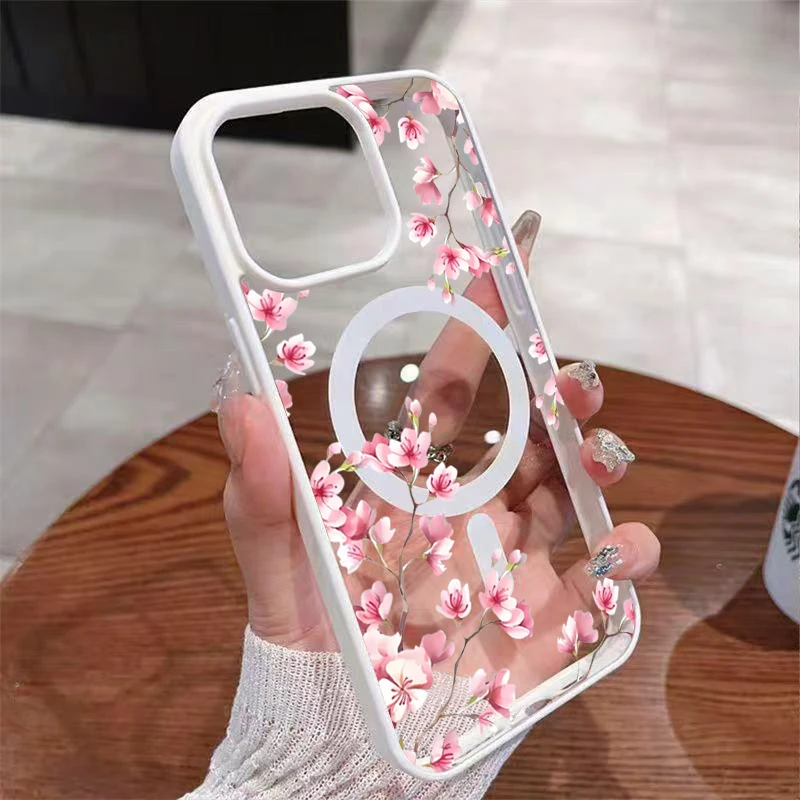 Pink Cherry Elegant Floral Background Design Magnetic Phone Case For iPhone 18 17 16 15 14 13 12 Pro Max 11 16Plus 16E Air Cover