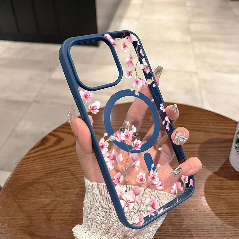 Pink Cherry Elegant Floral Background Design Magnetic Phone Case For iPhone 18 17 16 15 14 13 12 Pro Max 11 16Plus 16E Air Cover