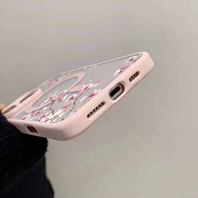 Pink Cherry Elegant Floral Background Design Magnetic Phone Case For iPhone 18 17 16 15 14 13 12 Pro Max 11 16Plus 16E Air Cover