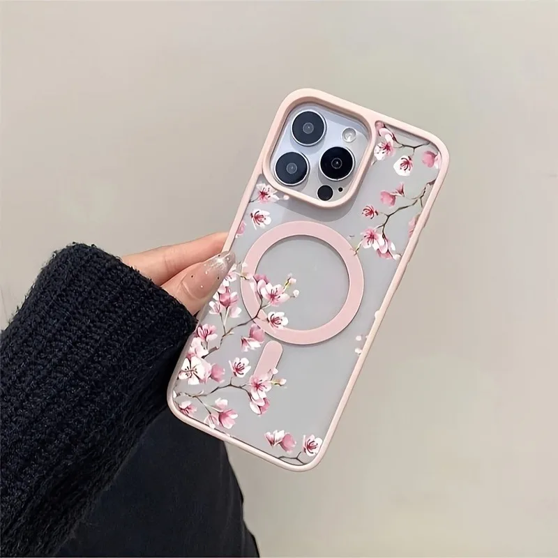 Pink Cherry Elegant Floral Background Design Magnetic Phone Case For iPhone 18 17 16 15 14 13 12 Pro Max 11 16Plus 16E Air Cover