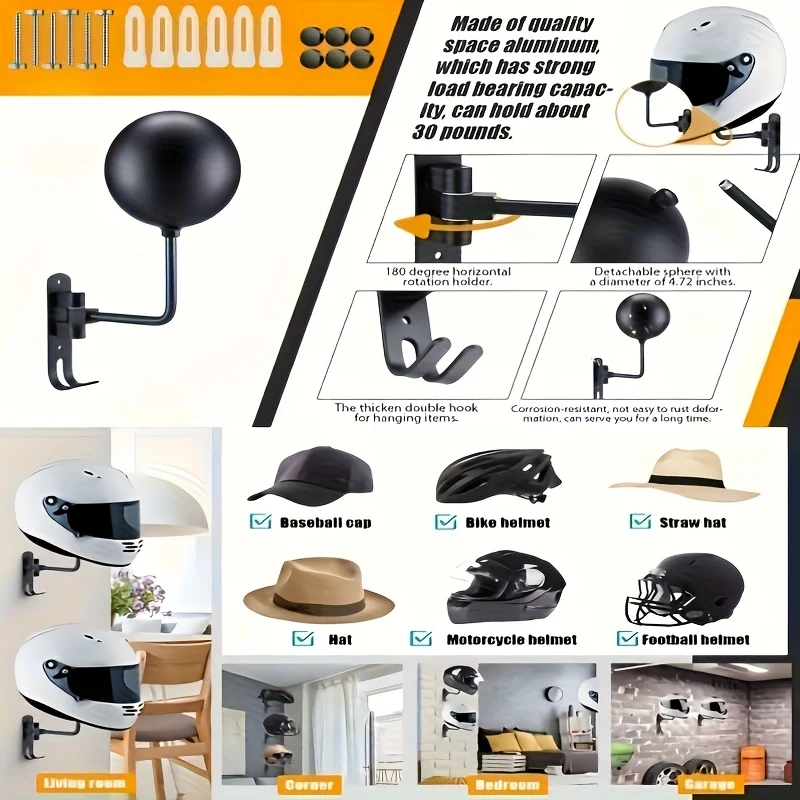 Motorcycle Helmet Holder Swivel 180° Wall Shelf Helmet and Jacket Hanger Metal Hook Metal Shelves Perfect Gift