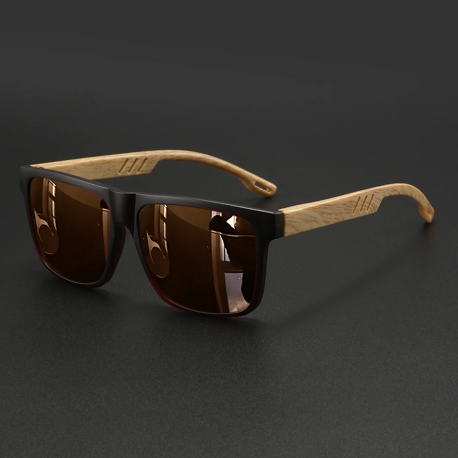 New Fashion Square Sunglasses - Wood Grain Spring Hinge, UV400 Unisex for Driving, Hiking & Travel