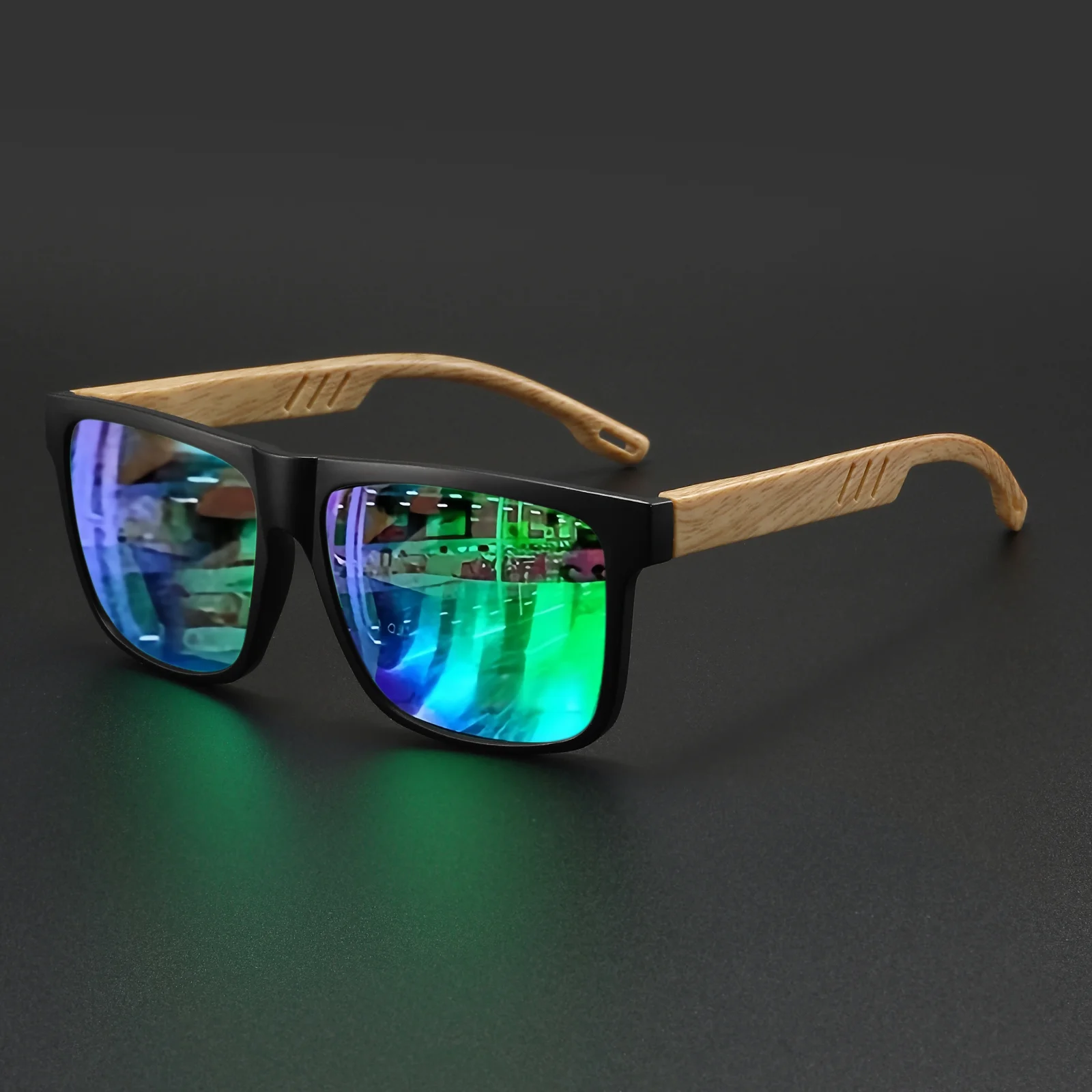 New Fashion Square Sunglasses - Wood Grain Spring Hinge, UV400 Unisex for Driving, Hiking & Travel