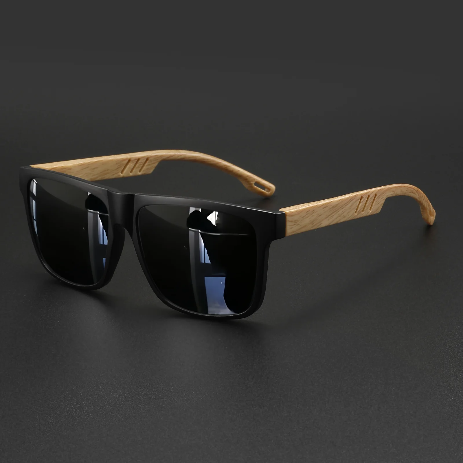 New Fashion Square Sunglasses - Wood Grain Spring Hinge, UV400 Unisex for Driving, Hiking & Travel