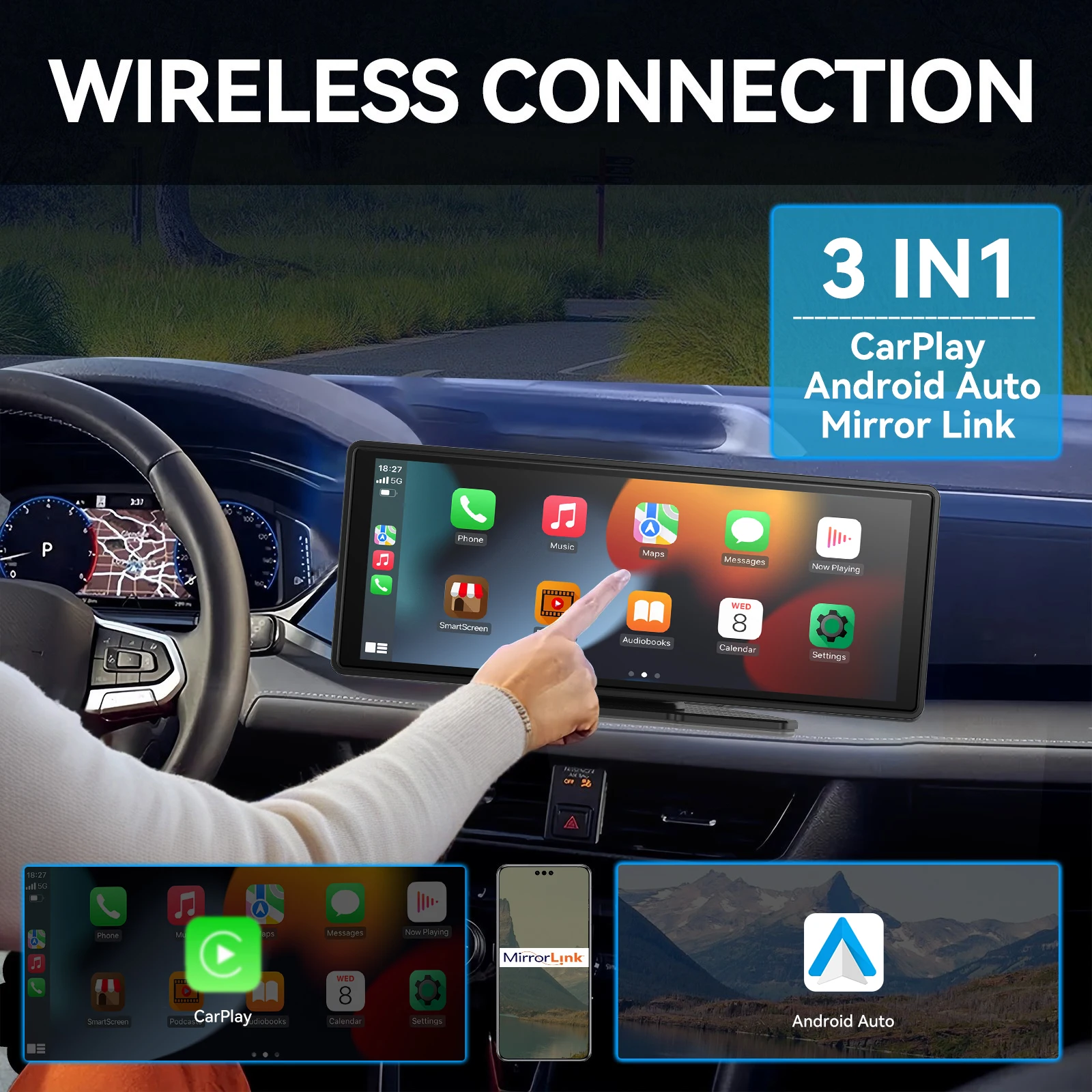 Pionray 7/10 inches android auto Universal Portable CarPlay for Car Screen Car Radio Video Wireless Carplay Screen for Apple