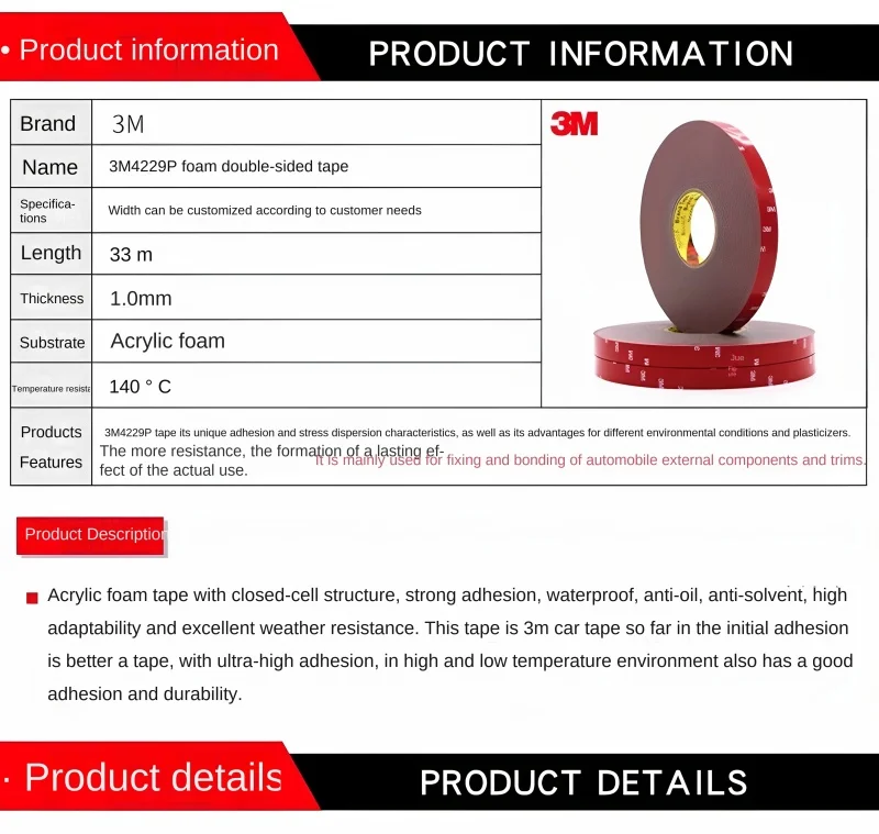 3M VHB Strong Double Sided Adhesive 3M 4229P 5-50mm Waterproof Traceless Foam Adhesive Tape For Car Home Indoor High Temperature