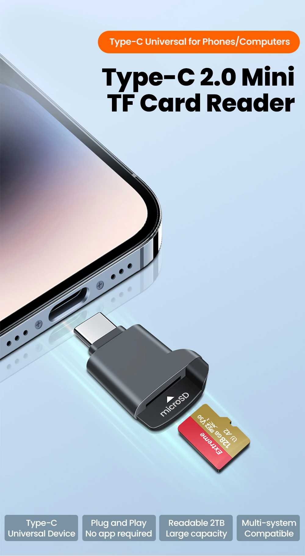 Type-C 2.0 Mini TF Card Reader External Storage Black Stretch for Memory Stick USB C 2.0 For Iphone 17 16 Mini TF Card Reader