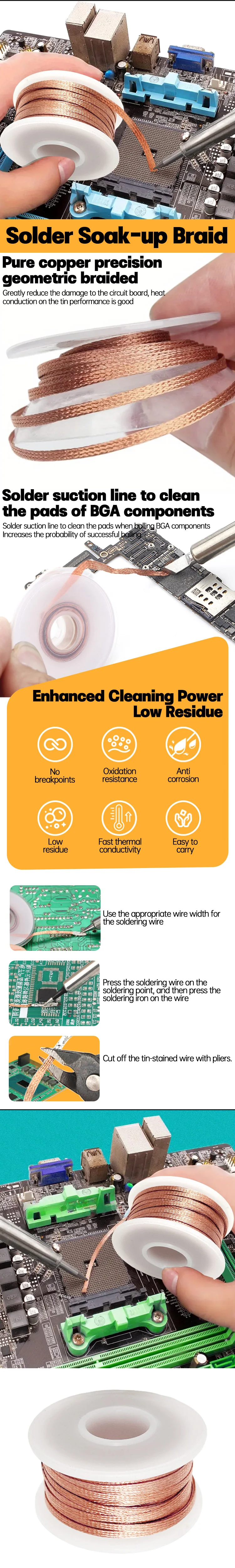Desoldering Mesh Braid Tape Wire Repair Tool Copper Welding Point Solder Remover for Wire Soldering Wick Tin Lead Cord Flux