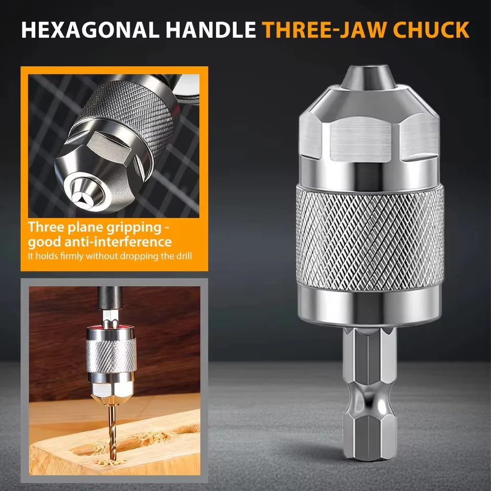 Drill Chuck Adapter Quick Change Pneumatic Drill Chuck 3-Jaw Hex Shank Chuck Professional Converter Hex Shank for Woodworking