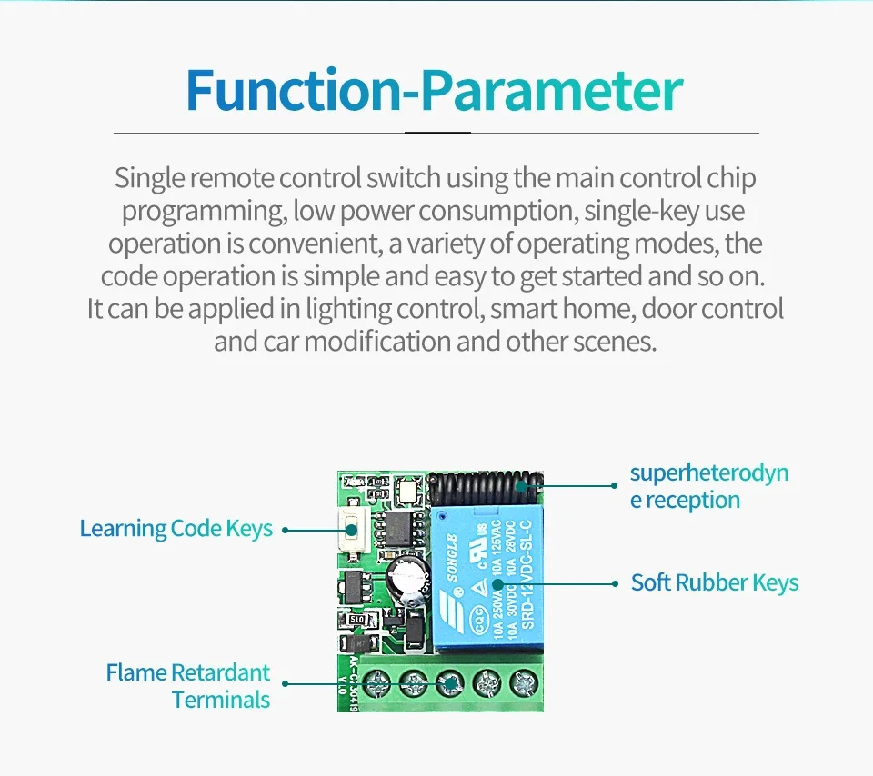 10A Relay Receiver Mini Module Remote Control f 433Mhz Universal Gate Remote Control Switch DC 12V or Gate LED Garage Door