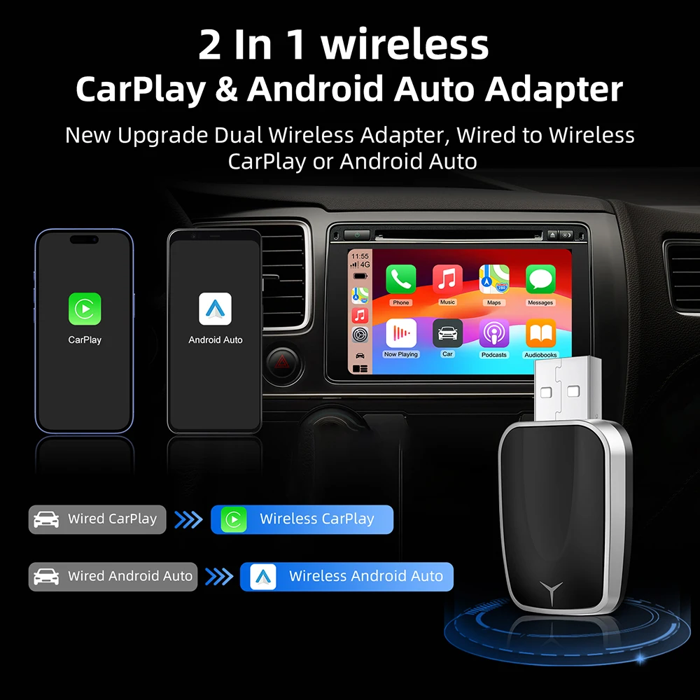 2in1 Wireless CarPlay Dongle Wireless Android Auto Adapter AI Smart Box Car Intelligent Systems For Car With Wired CarPlay