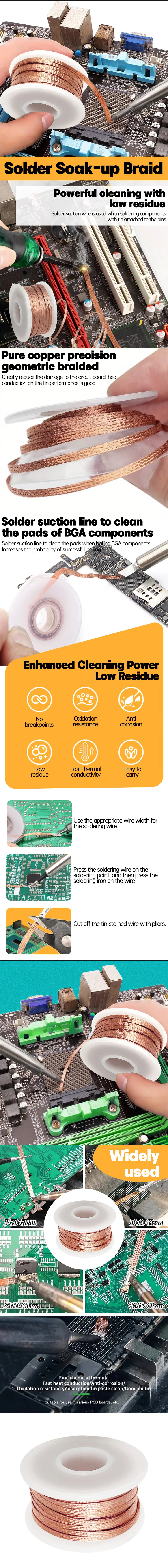 Flux Coated Desoldering Braid Solder Wick 2/3/4mm Width, 1.5M 3M 10M Length, High Purity Copper for Fast PCB BGA SMD Repair