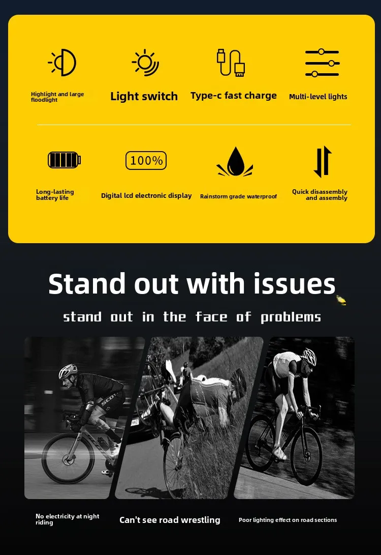 Bicycle Lights, Bike Lights, Cycling Lights, TYPE-C Charging Digital Display, High Brightness, Road Bike Sensing, Night Riding
