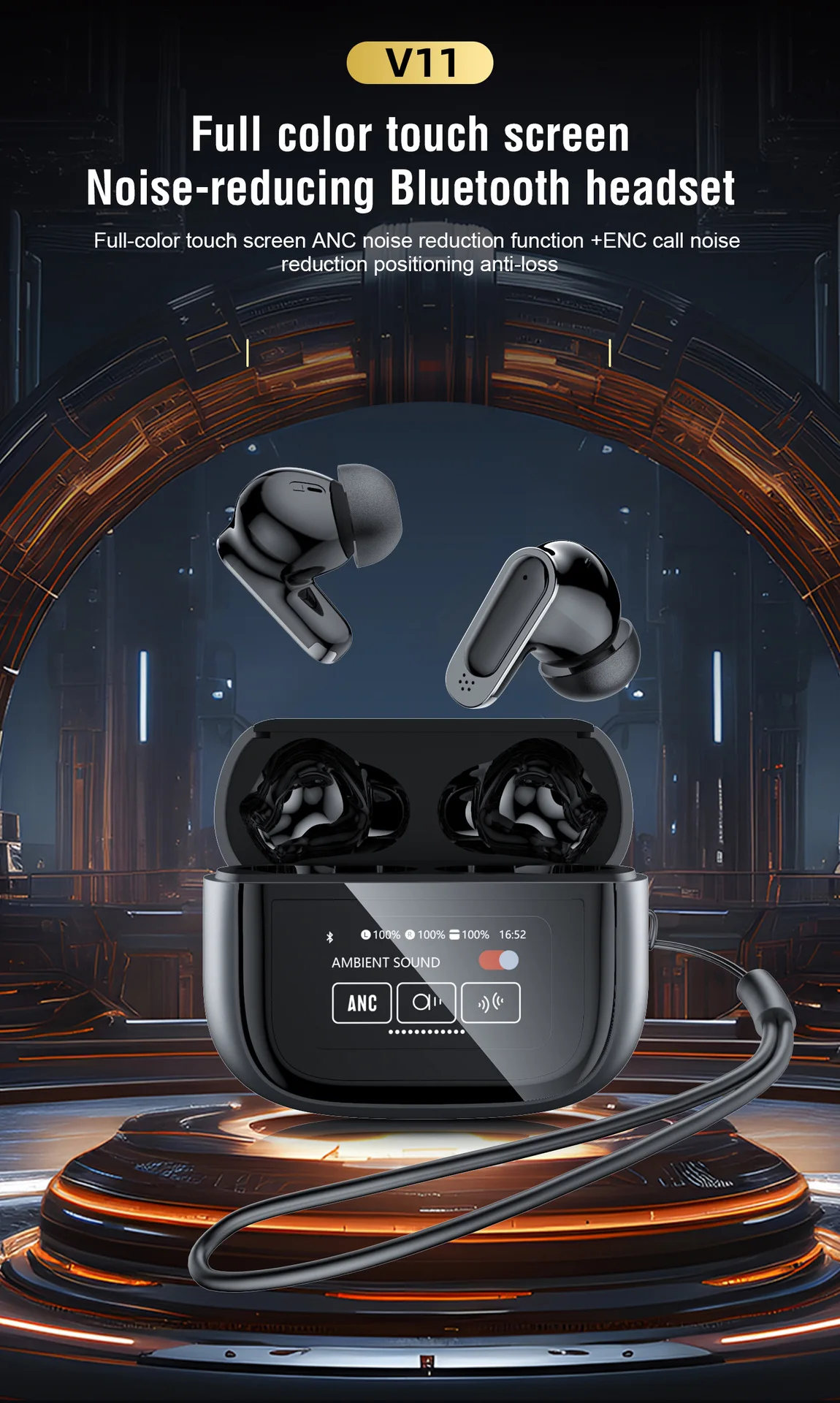 BOSECXT Ultra V11 Smart Touch Multi functional Large Screen TWS Wireless ANC Noise Cancelling Earbuds Enc Heavy Bass Earbuds