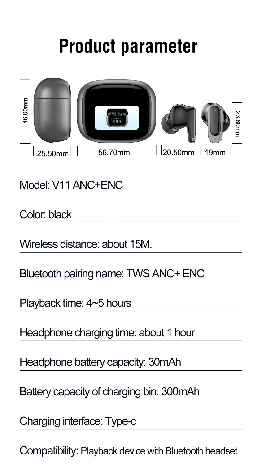 BOSECXT Ultra V11 Smart Touch Multi functional Large Screen TWS Wireless ANC Noise Cancelling Earbuds Enc Heavy Bass Earbuds