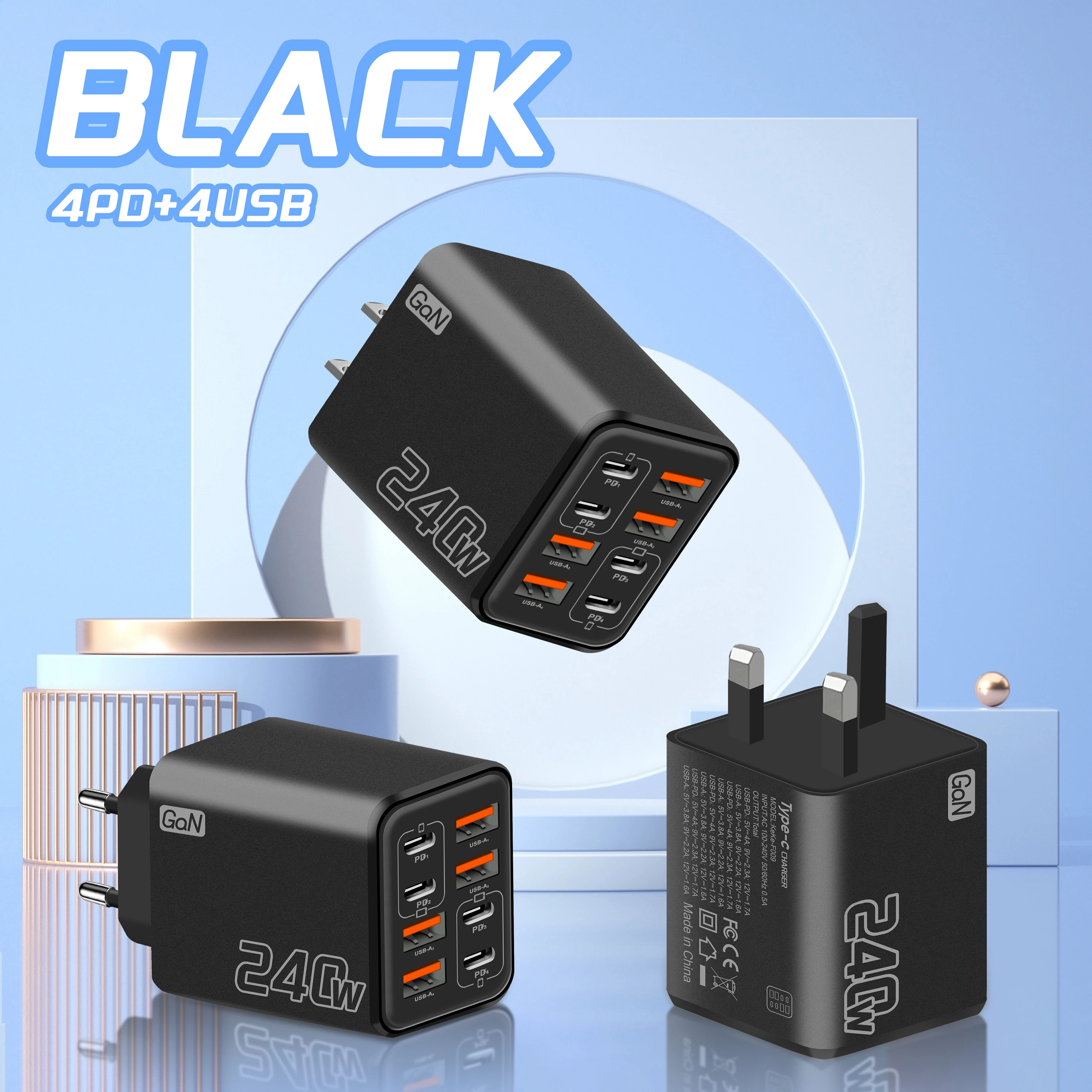 240W GaN USB C Charger 8 in 1 Fast Charging Phone Charger Power Adapter For iPhone Samsung Xiaomi Type C EU/US Plug Wall Charger