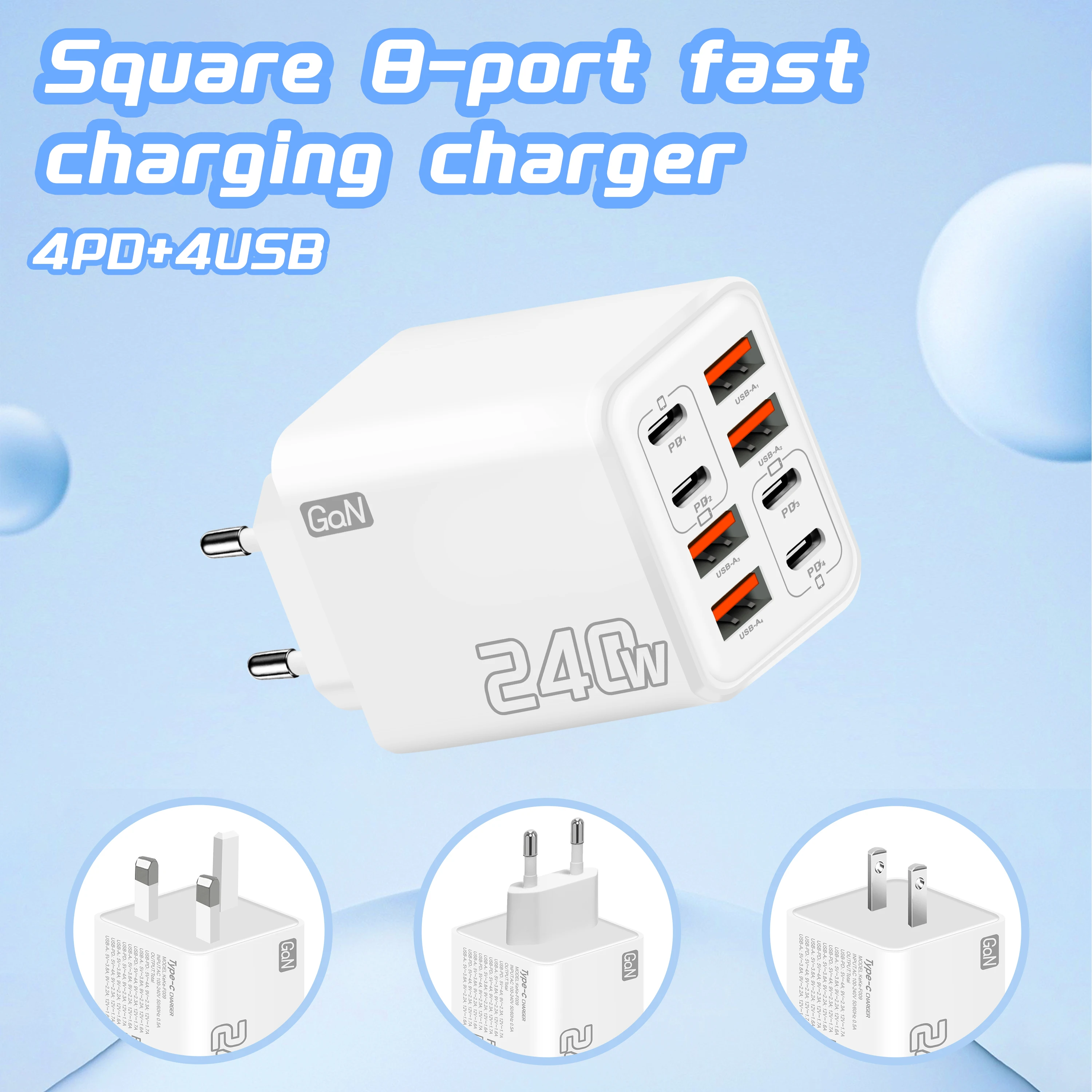 240W GaN USB C Charger 8 in 1 Fast Charging Phone Charger Power Adapter For iPhone Samsung Xiaomi Type C EU/US Plug Wall Charger