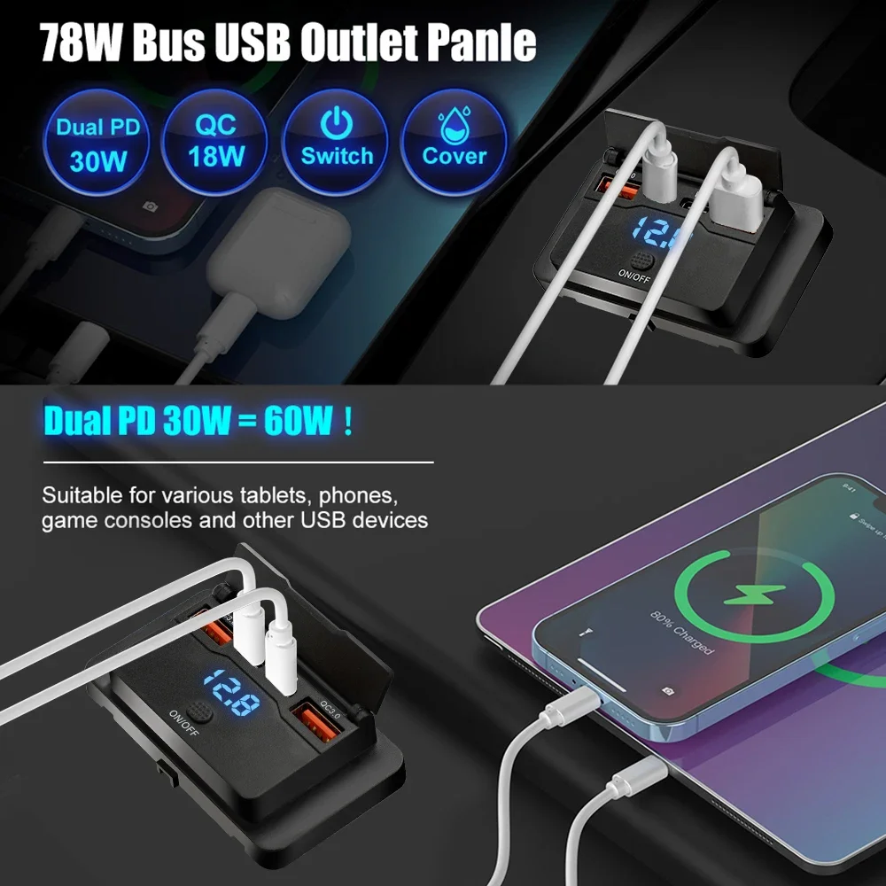 Car Charger Socket Adapter with Switch 2/4 Ports 12V 24V PD QC3.0 Charging Splitter Outlet for Bus RV ATV Truck Boat